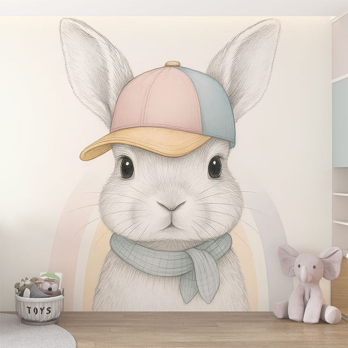 Mural Wallpaper cute rabbit | An adorable rabbit wearing a colorful cap and a scarf
