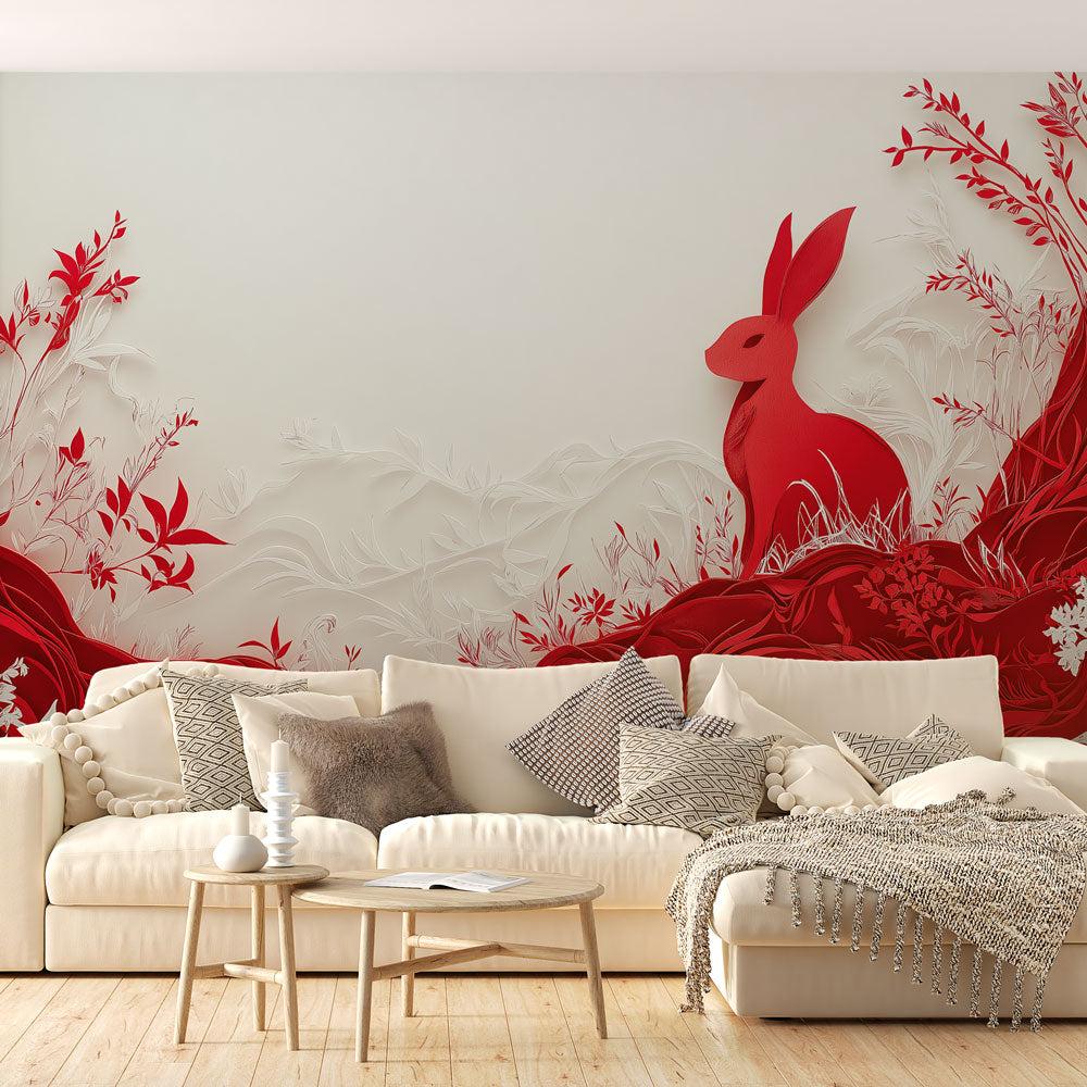 Mural Wallpaper red rabbit | Decorative with embossed floral patterns —  WonderMural, image size:1000x1000