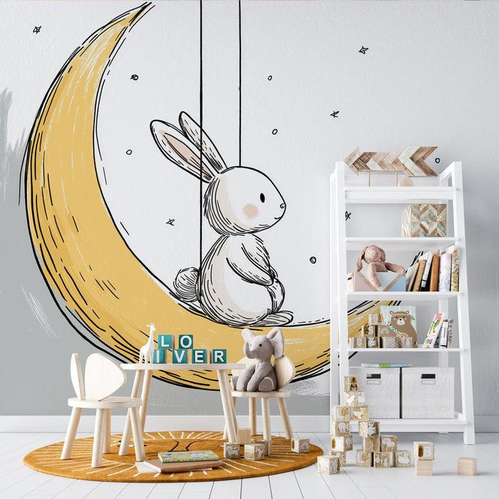 Tapetti jänis kuussa | Jänis roikkuu kultaisesta kuusta vaalean taustan yläpuolella