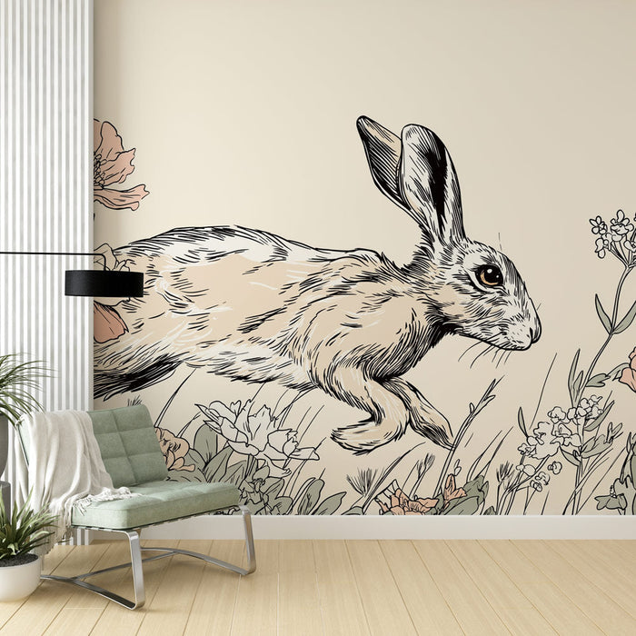 Fotótapéta nyúl | Egy nyúl fut a finom virágok között