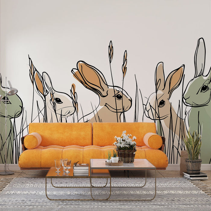 Mural Wallpaper rabbits | Graphic elements of rabbits in a field
