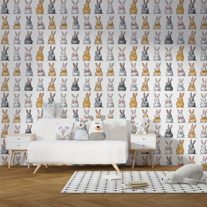 Ταπετσαρία με τοπίο λαχταριστών κουνελιών | Χαρούμενο μοτίβο πολύχρωμων κουνελιών σε λευκό φόντο