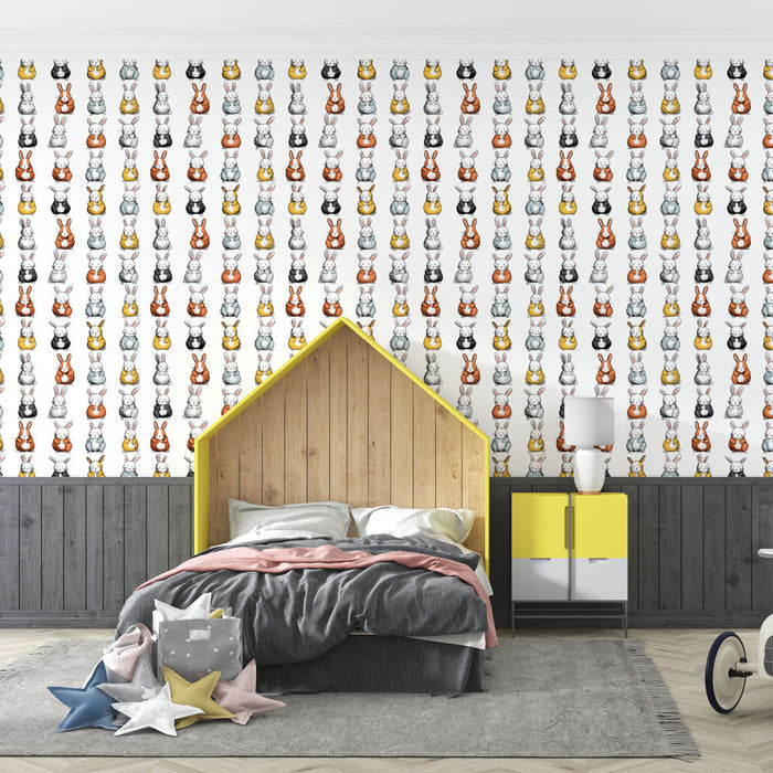 Ταπετσαρία με τοιχογραφία λαγοί | Παιχνιδιάρικο μοτίβο με πολύχρωμους λαγούς σε επαναλαμβανόμενα σχέδια