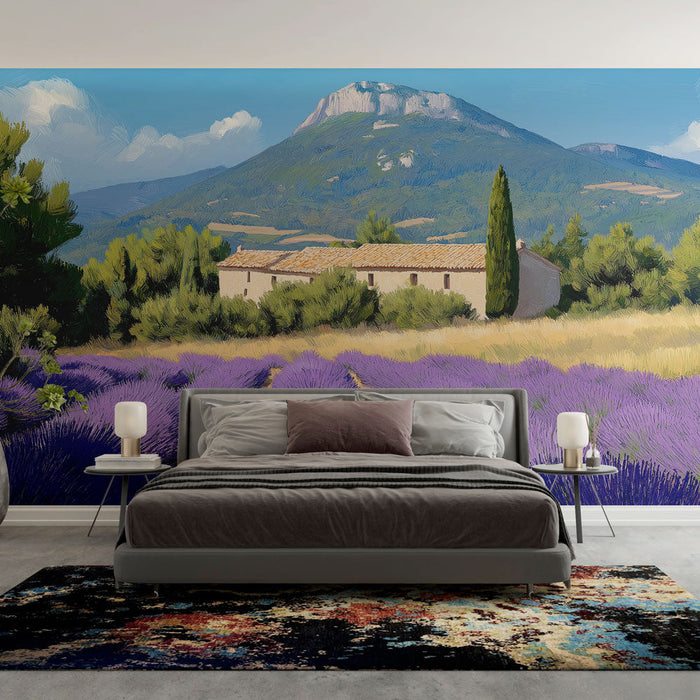 Fototapet lavendel | Provencalsk lavendelmark under en blå himmel
