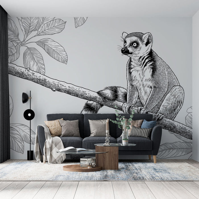 Tapete-lemur | Деликатна илюстрация на лемур на клон, заобиколен от листа