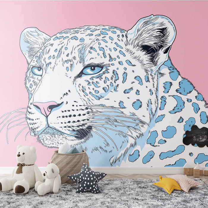 Leopard tapeta | Bijela i plava na ružičastoj pozadini