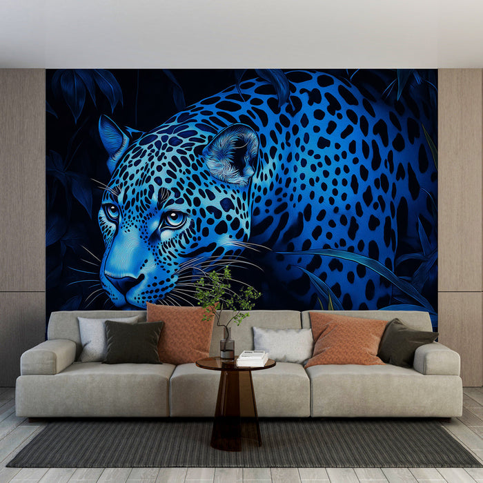 Mural Wallpaper blue leopard | Artistic design of a leopard with blue fur in a dark jungle