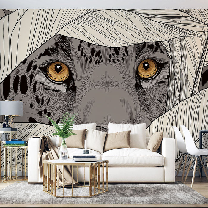 Mural Wallpaper leopard caché | Leopard face among delicate leaves