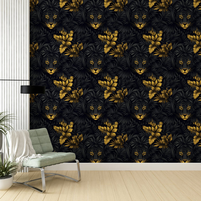 Zlatni Leopard Tapete | Uzorak leopardovih lica okruženih elegantnim tropskim lišćem