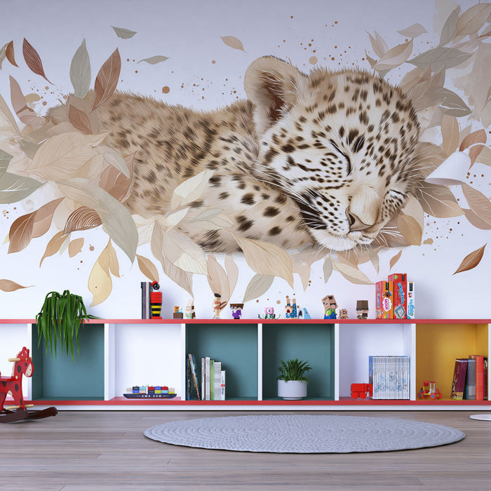 Tapetti unelias leopardi | Suloinen leopardi ympäröitynä pastellivärisillä lehdillä