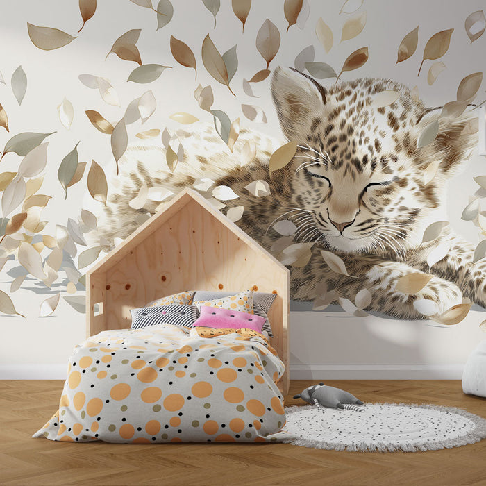Tapet mural leopard adormit | Un leopard adorabil printre frunze delicate