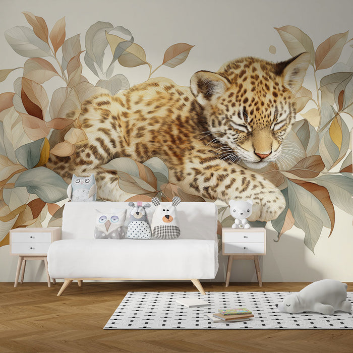 Fototapet leopard | Spavaći leopard okružen pastelnim lišćem