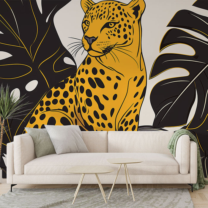 Fototapet leopar | Siyah tropikal yapraklarla çevrili muhteşem leopar