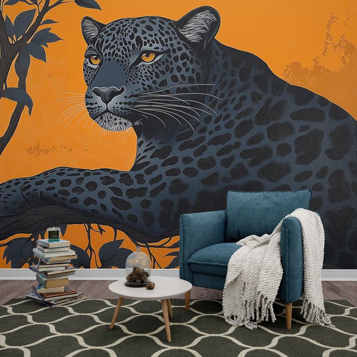 Tapete Leopard | Majestätischer schwarzer Leopard auf lebendig orangefarbenem Hintergrund