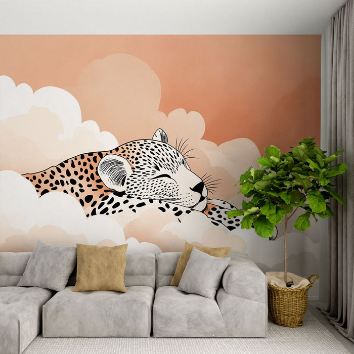 Tapeta leopardowa | Spokojny leopard wśród miękkich chmur