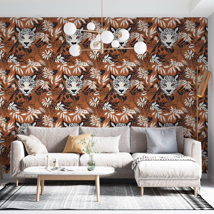 Tapetti leopardi | Animoitu kuvio, jossa on leopardit ja trooppiset kasvit
