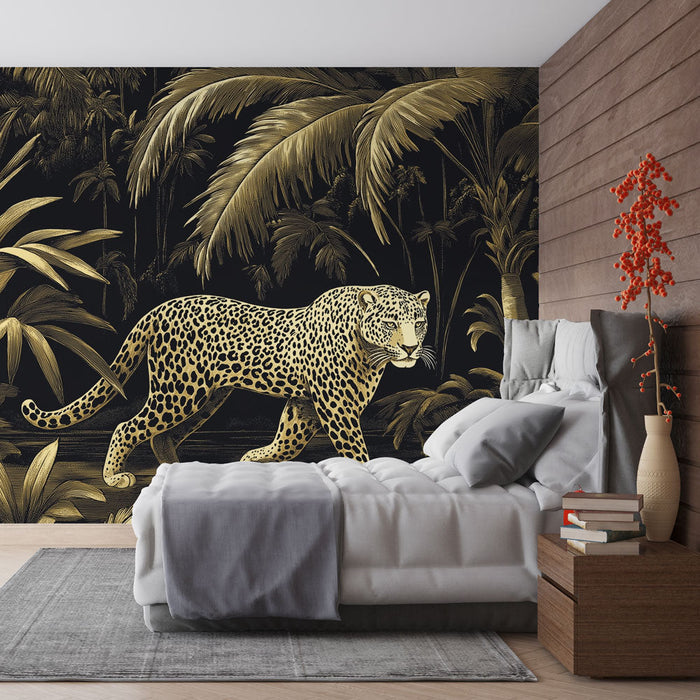 Falfestmény tapéta leopárd | Arany trópusi minta fekete háttéren