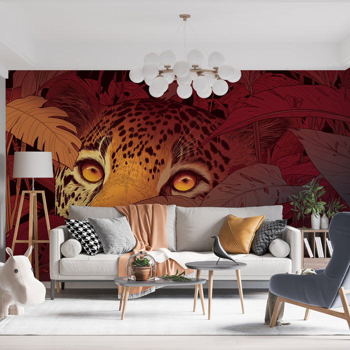 Carta da parati murale | Occhio penetrante di un leopardo in mezzo a fogliame flamboyant