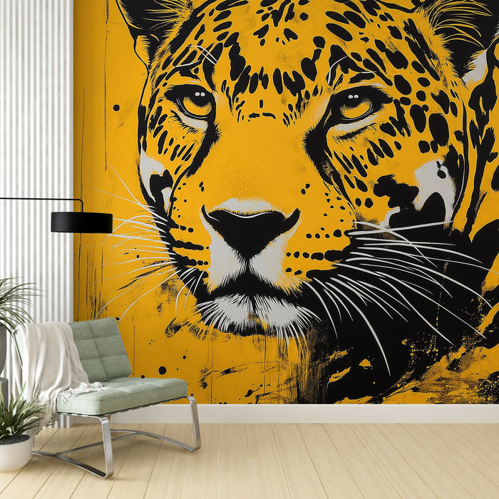 Papel pintado leopard | Retrato artístico de un leopardo sobre fondo amarillo brillante