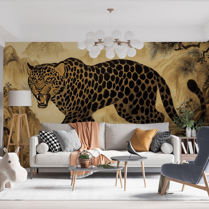 Fototapet leopar | Stilize edilmiş bir manzara içinde muhteşem bir leoparın sanatsal temsili