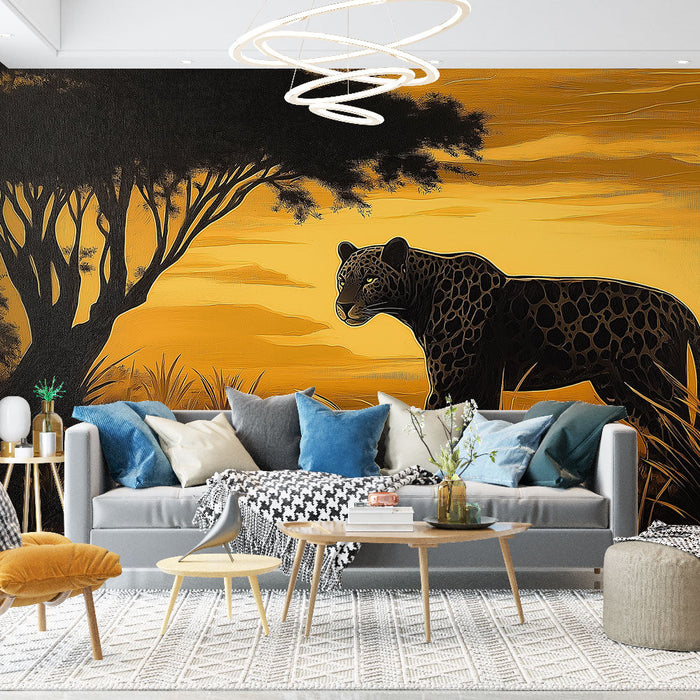 Tapeta leopard | Veličanstvena silueta leoparda u zlatnom krajoliku