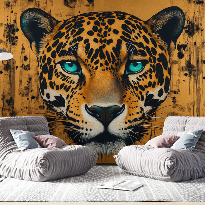 Tapet Leopard | Leopardhoved med turkise øjne på en gylden baggrund