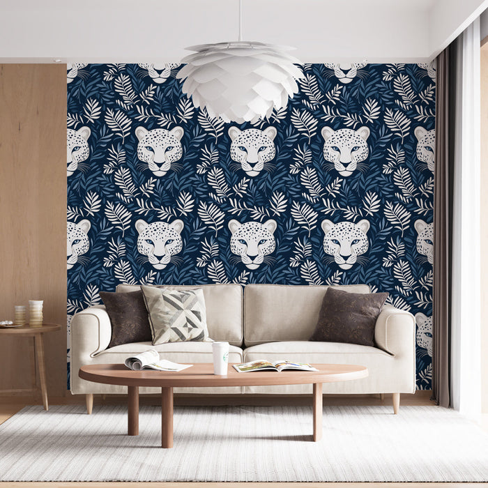 Leopard Mural Wallpaper | Leopar başları zarif bir şekilde tropikal bir yaprak desenine entegre edilmiştir.