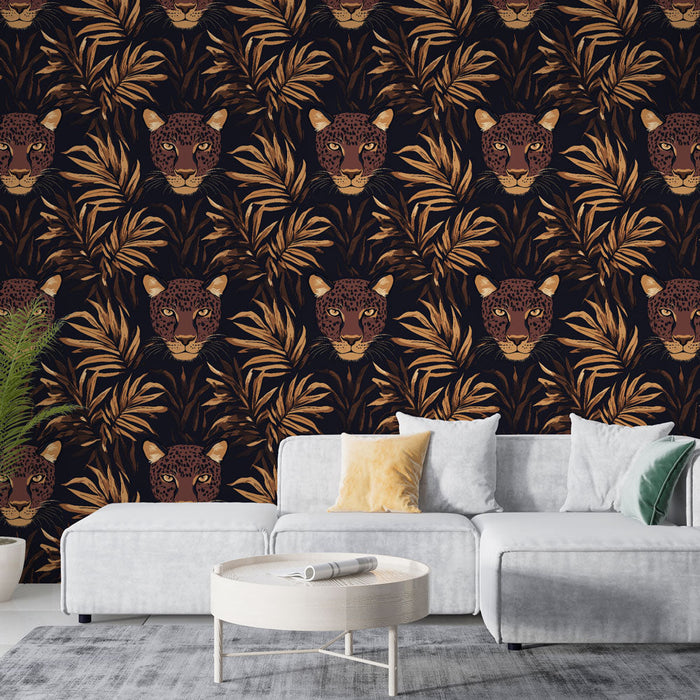 Tapeta Leopard | Głowy lampartów otoczone złotymi liśćmi na czarnym tle