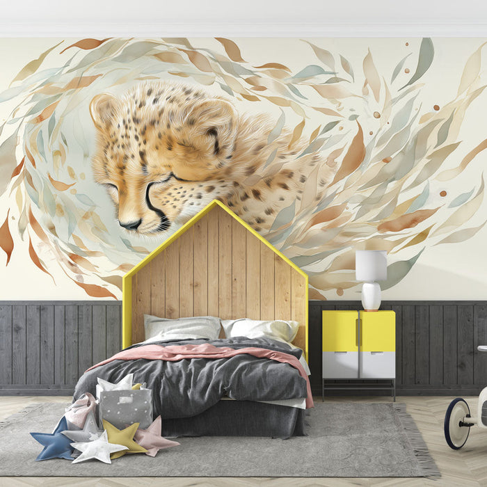 Fotótapé Leopárd | Egy leopárd finoman ábrázolva nyugtató levelekkel körülvéve