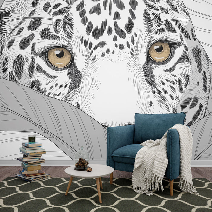 Mural Wallpaper leopard | A fascinating leopard hidden among delicate leaves