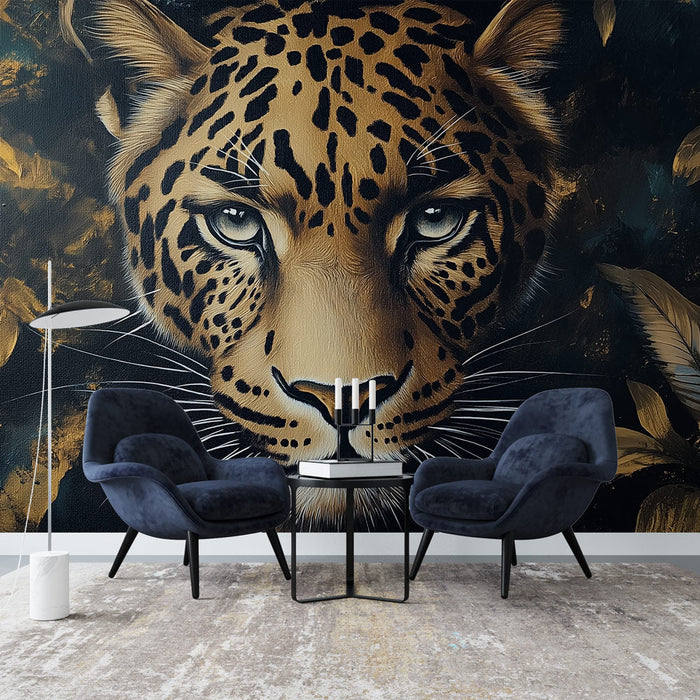 Tapeta Leopard | Veliko lice leoparda s zlatnim dodirima i lišćem