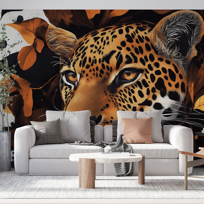 Tapeta s leopardem | Realistická tvář obklopená oranžovými a černými listy