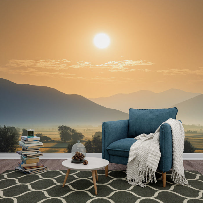 Papel pintado amanecer | Dulzura de una mañana brumosa con colinas doradas