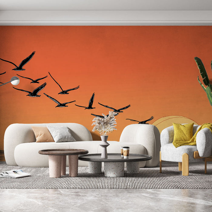 Fototapet sončni vzhod | Ptice letijo nad oranžnim horizontom