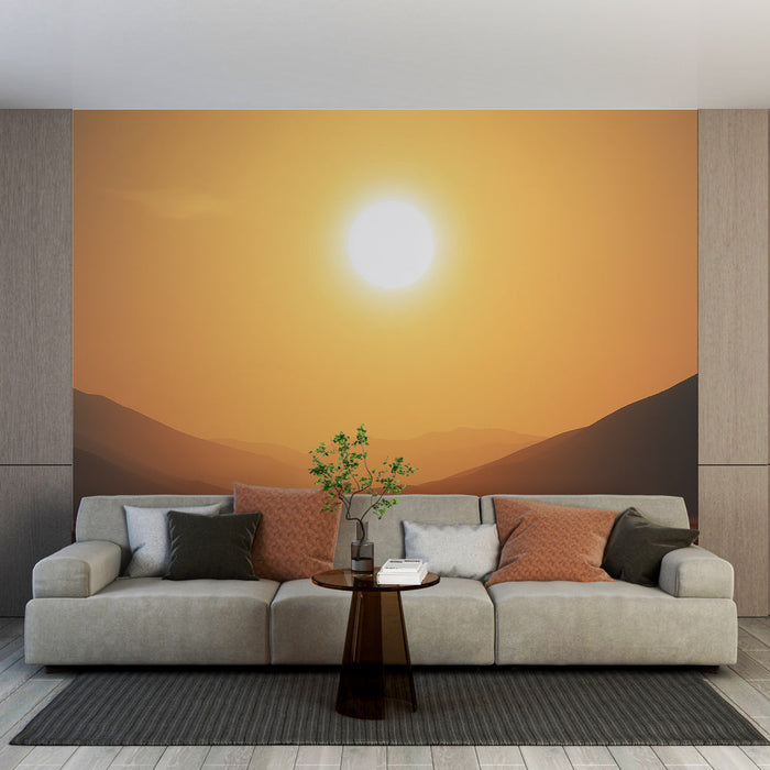 Mural Wallpaper sunrise | Soothing landscape with shadowed mountains and golden field