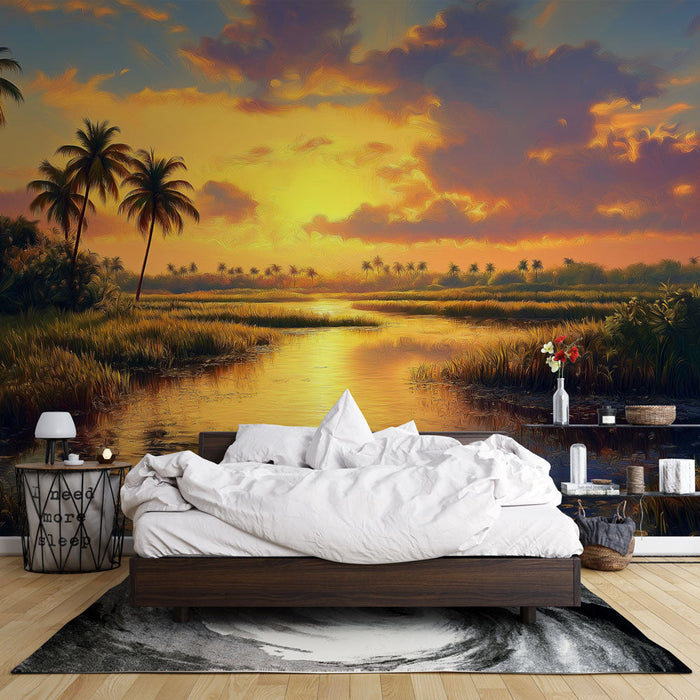 Ταπετσαρία τροπικής ανατολής ηλίου | Σκηνή ακτής με φοινικόδεντρα και χρυσές αντανακλάσεις