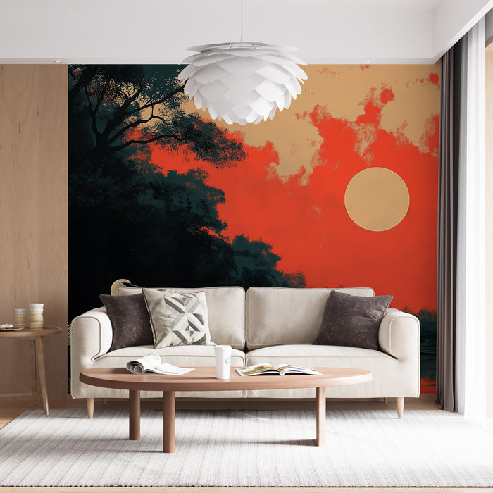 Fototapet päikesetõus | Kurega säraval punasel taustal veekogu ääres