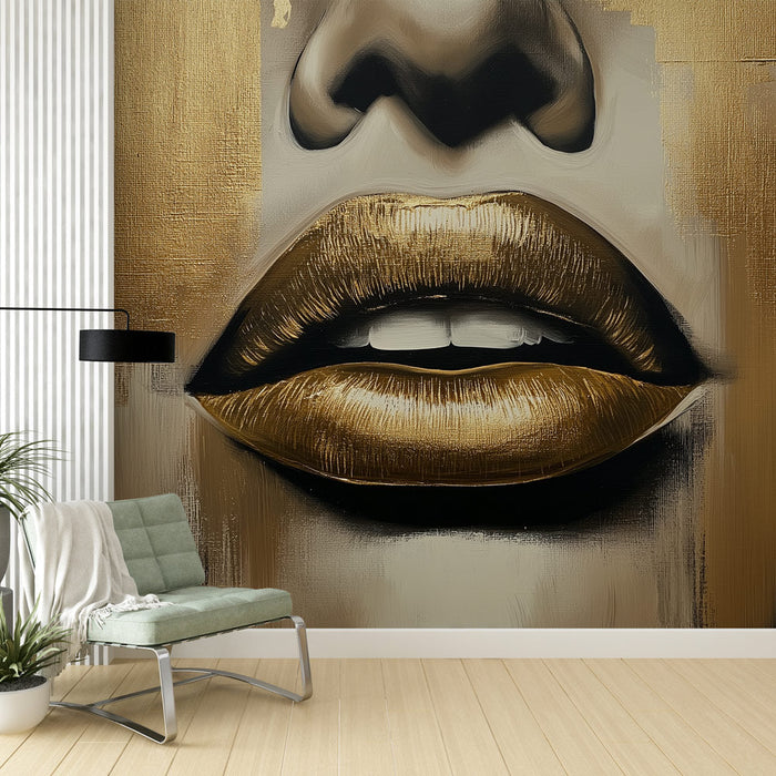 Tapeta z zlatimi ustnicami | Glamurozen in umetniški učinek z zlatimi toni
