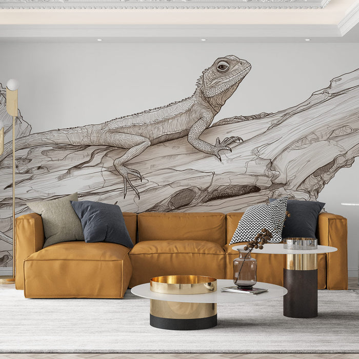 Tapeta ještěrka | Ilustrace ještěrky posazené na stylizované dřevěné větvi