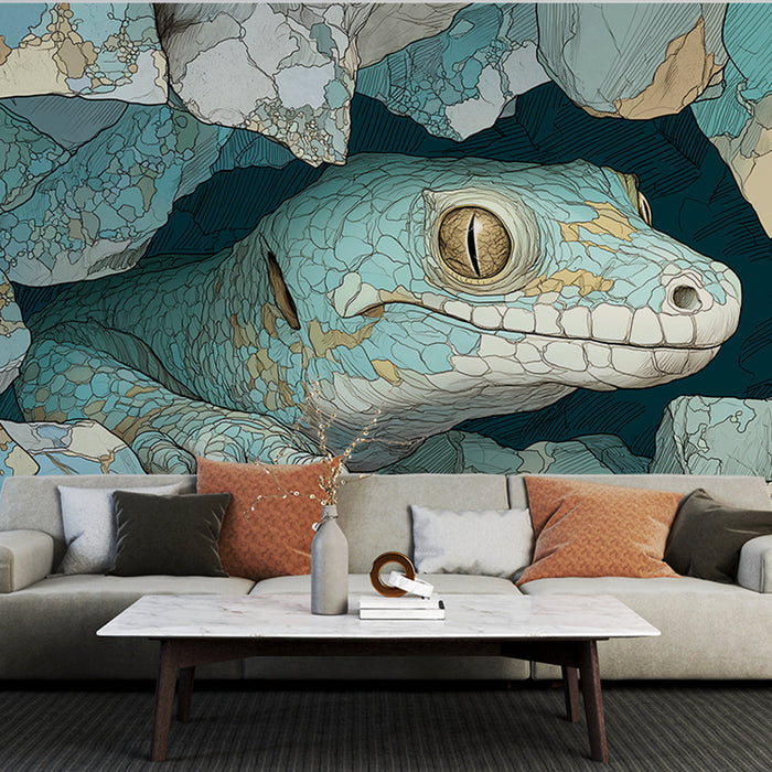 Fototapet ödla | Turkos ödla som kommer fram från färgglada stenar