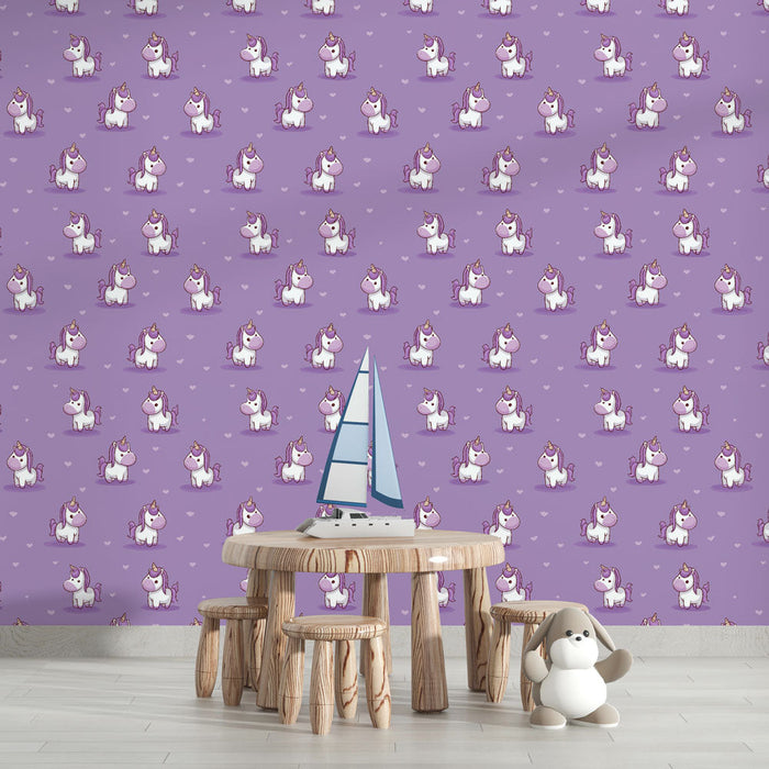 Tapeta jednorožce | Hravý vzor jednorožce na fialovém pozadí
