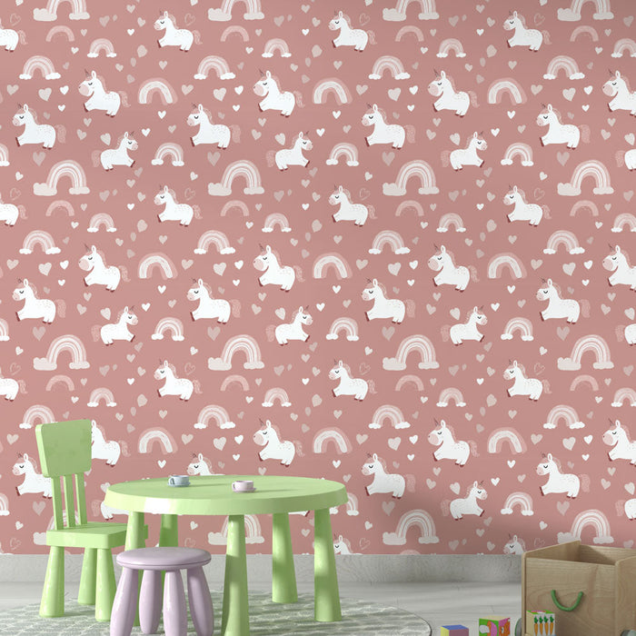 Mural Wallpaper unicorns | Playful pattern of white unicorns and rainbows on a pink background