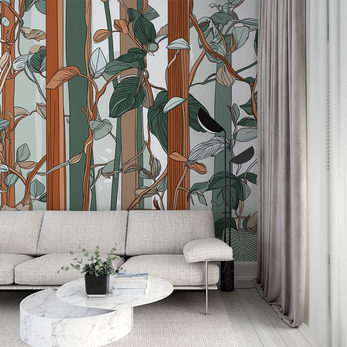 Foto Behang klimop en hout | Delicate bladpatronen tussen houten latten