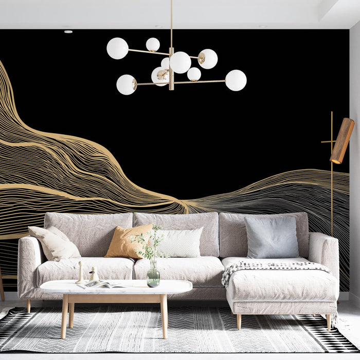 Tapete apstraktne linije | Uzorak tekućih linija u zlatnoj boji na crnoj pozadini