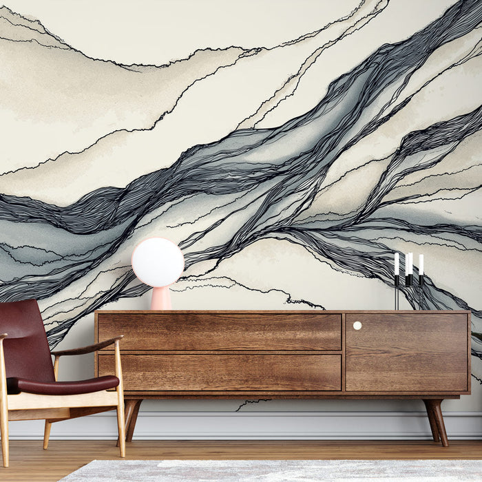 Tapet cu linii abstracte | Model fluid și sinuos în nuanțe de bej și albastru