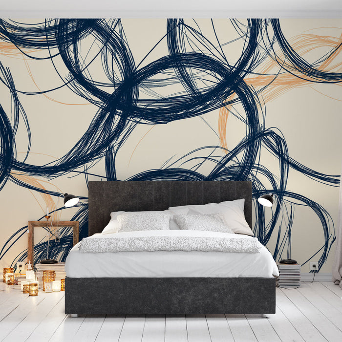 Muraaltapeet abstraktsed jooned | Lainekujuline muster tumesinises ja beežides toonides