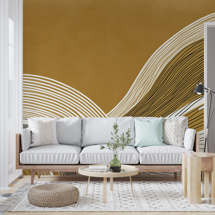 Tapete abstrakte Linien | Wellenmuster in Gold und Schwarz