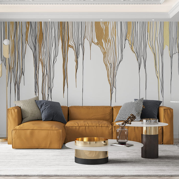 Ταπετσαρία τοιχωμάτων με χρυσές γραμμές | Κομψές μαύρες και χρυσές γραμμές σε λευκό φόντο