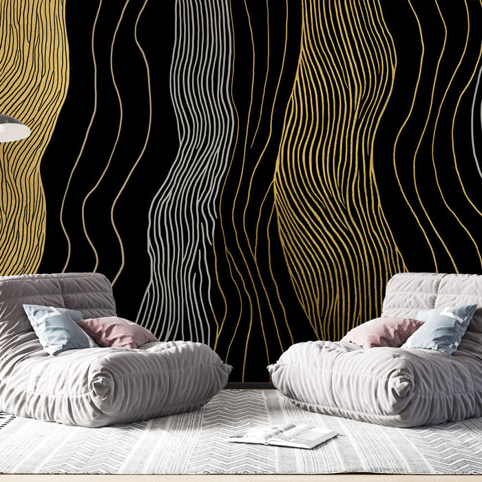 Fototapet zlatne i srebrne linije | Elegantni valoviti uzorci na crnoj pozadini