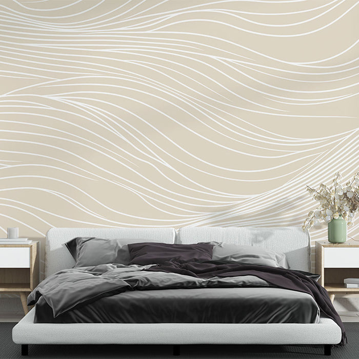Ταπετσαρία τοιχογραφίας ρευστών γραμμών | Αφηρημένο σχέδιο λευκών γραμμών σε μπεζ φόντο